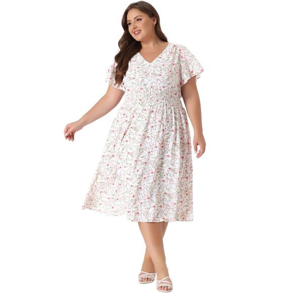 Women's Plus Size Dress Floral V Neck Smocked A-Line Flowy Midi Dress White - Picture 3 of 6